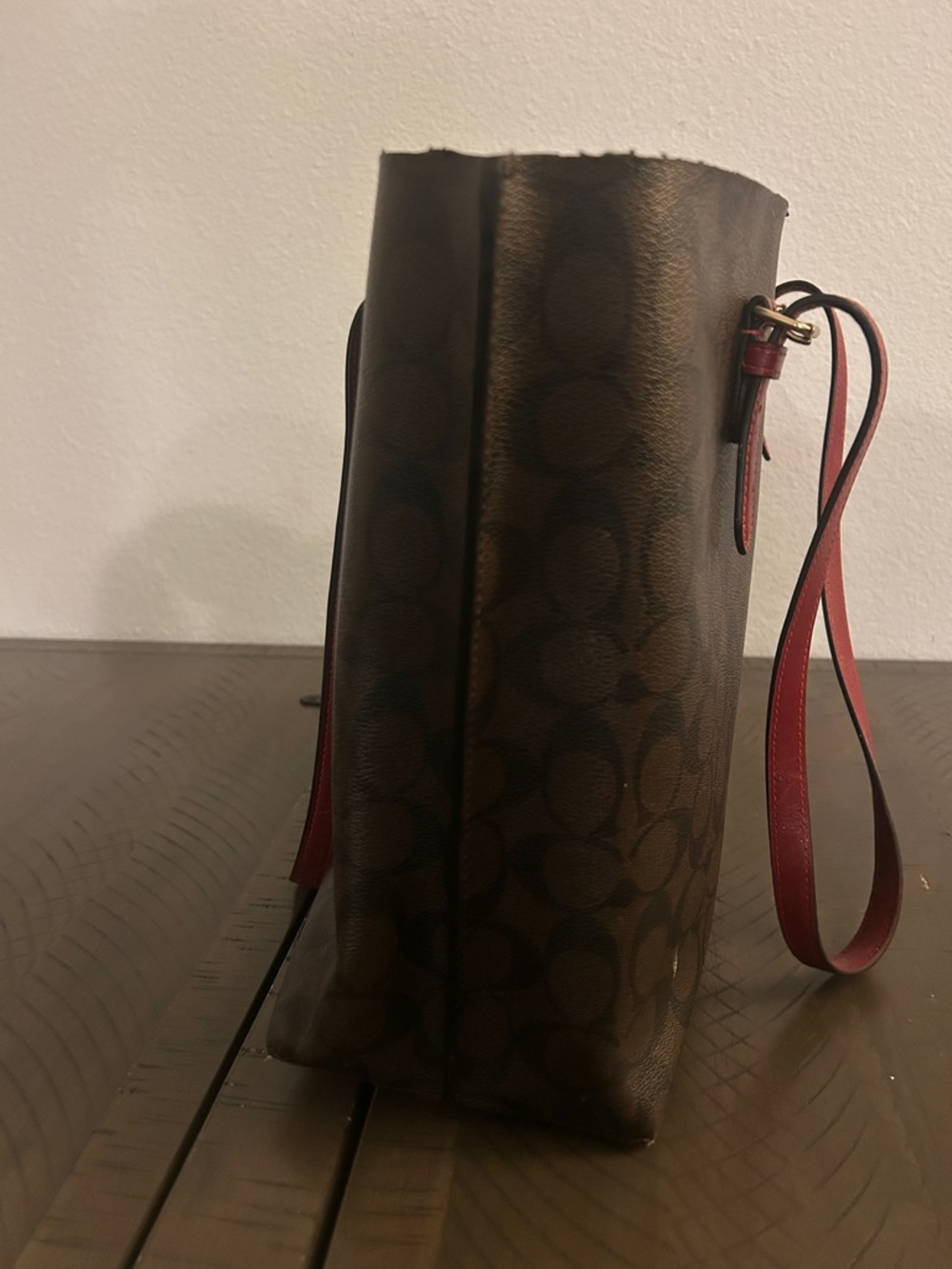 Coach Brown Signature Tote with Red Leather Straps - Picture 4 of 11